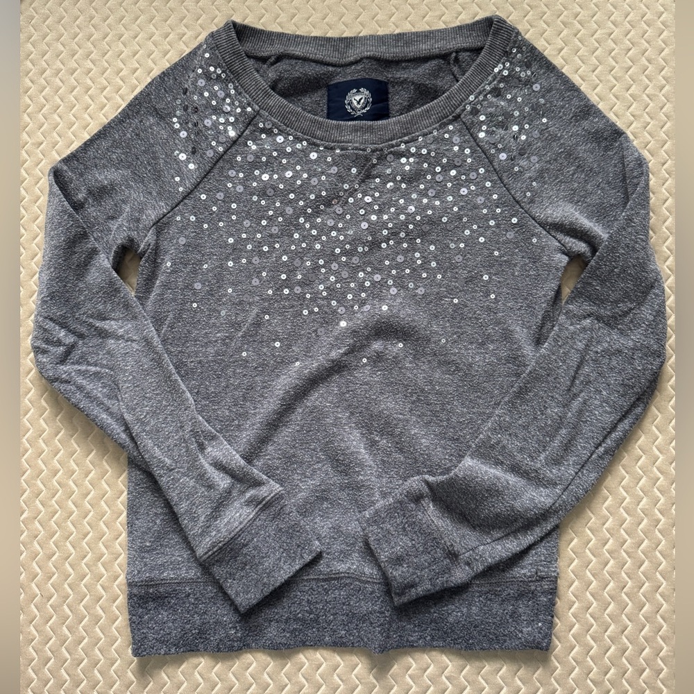 American Eagle Grey Sequin Crewneck Sweatshirt